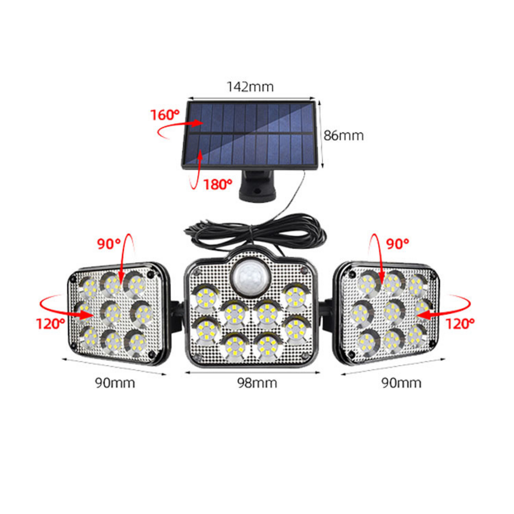 High Brightness Lamps IP65 Waterproof Wide Angle LED Solar Powered Saving Energy 3 Heads Split Solar Wall Light Garden